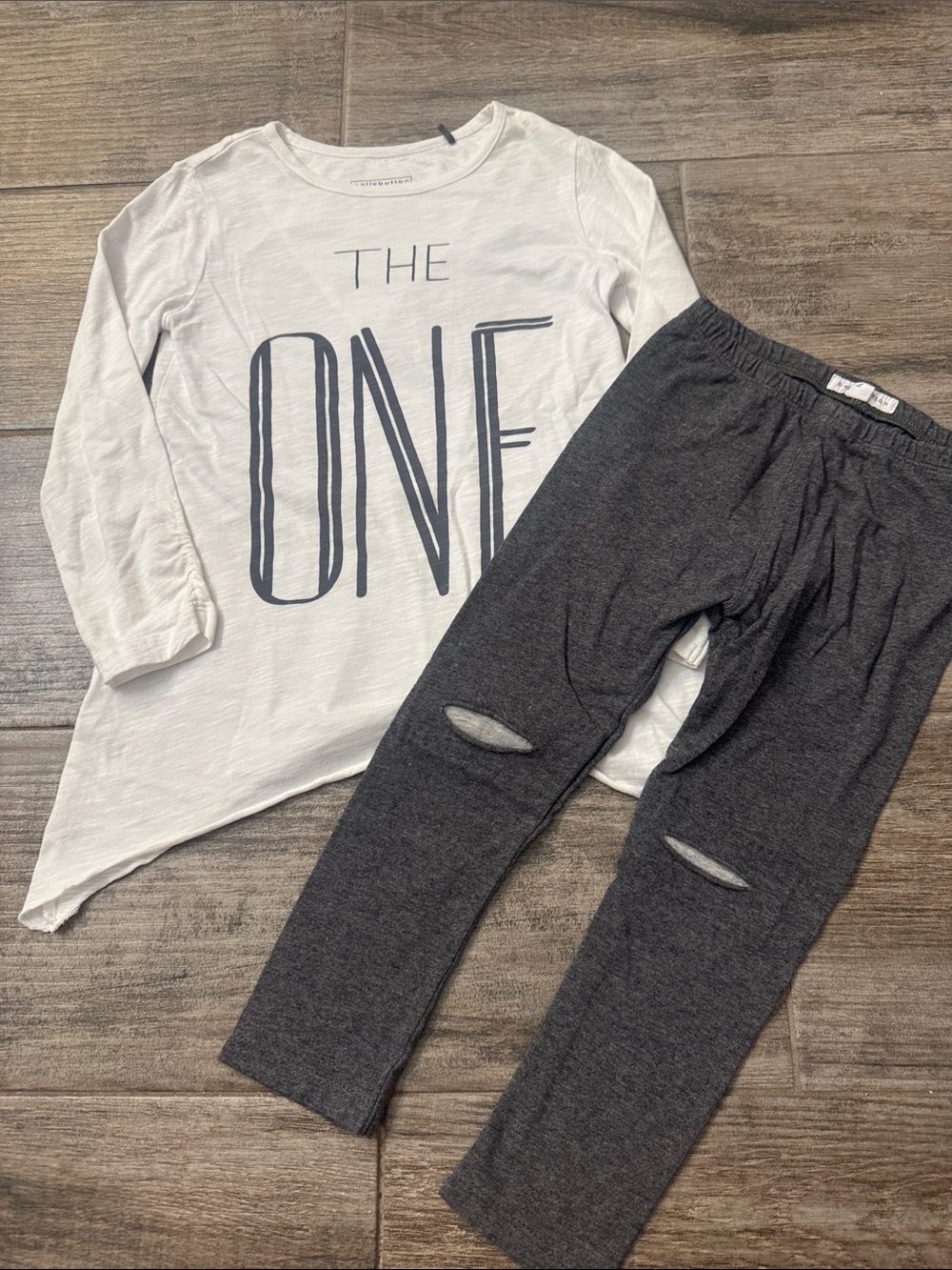 Girls White 'The One' Tunic & Dark Gray Leggings Matching Set